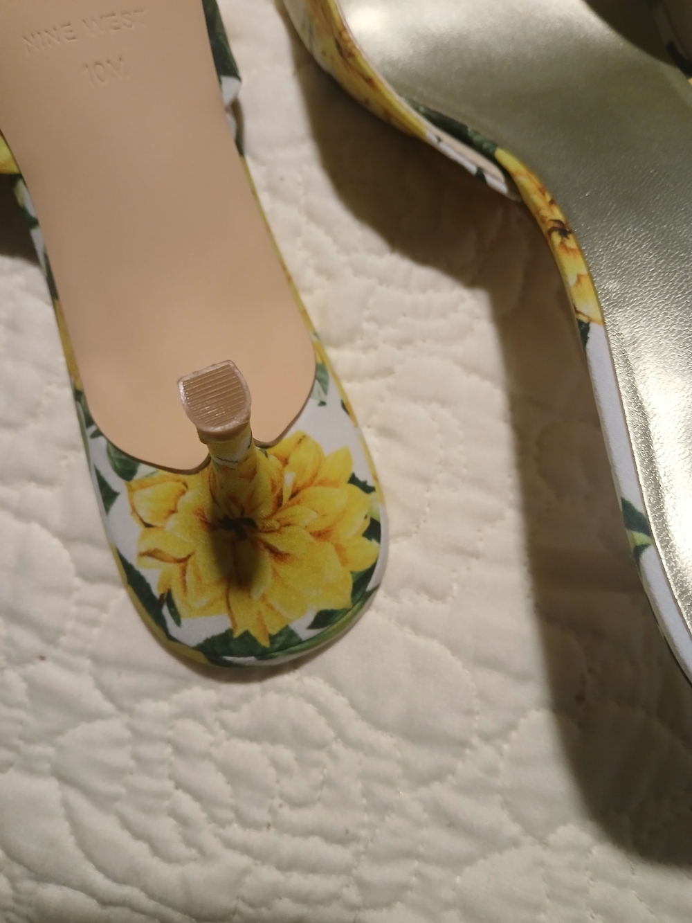NEW Nine West Yellow Floral Open-Toe Heels with Gold Insole